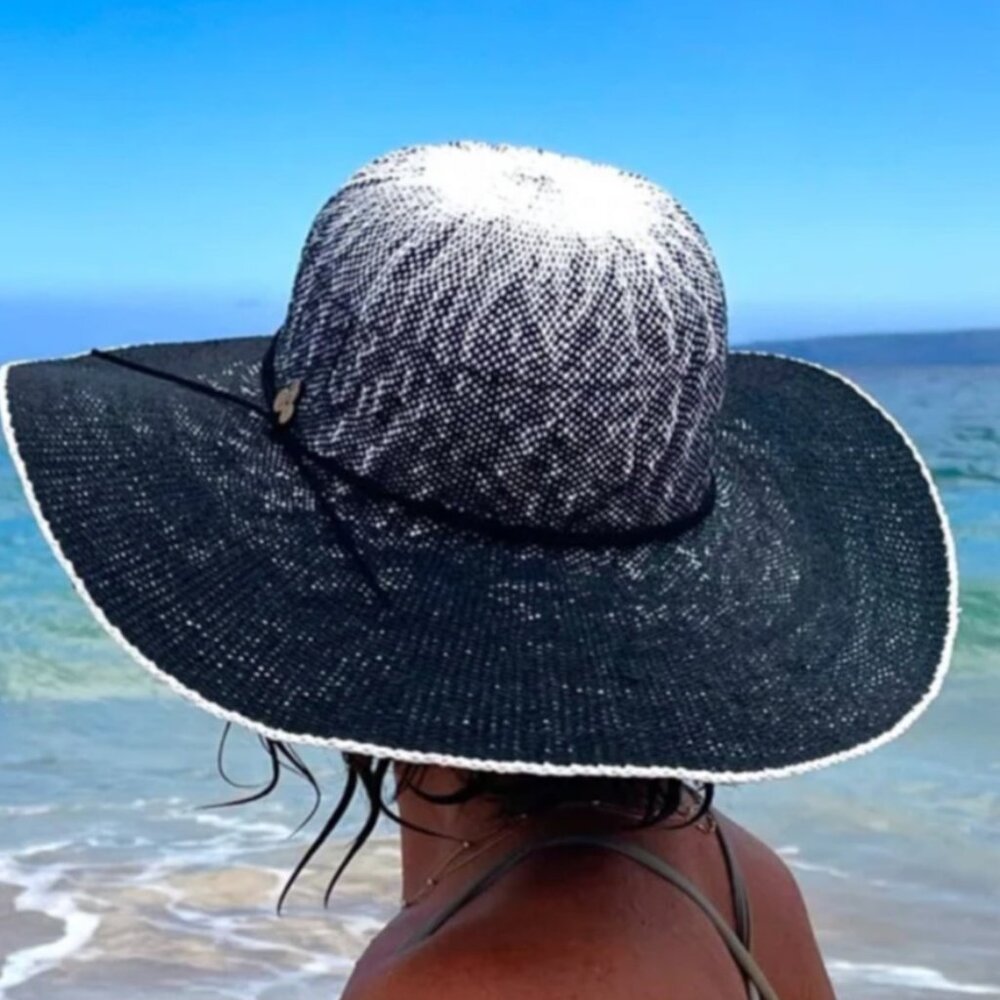 NWT wide brim Low Profile TOYO STRAW HAT Black White Hombre Eugenia Kim Inspo